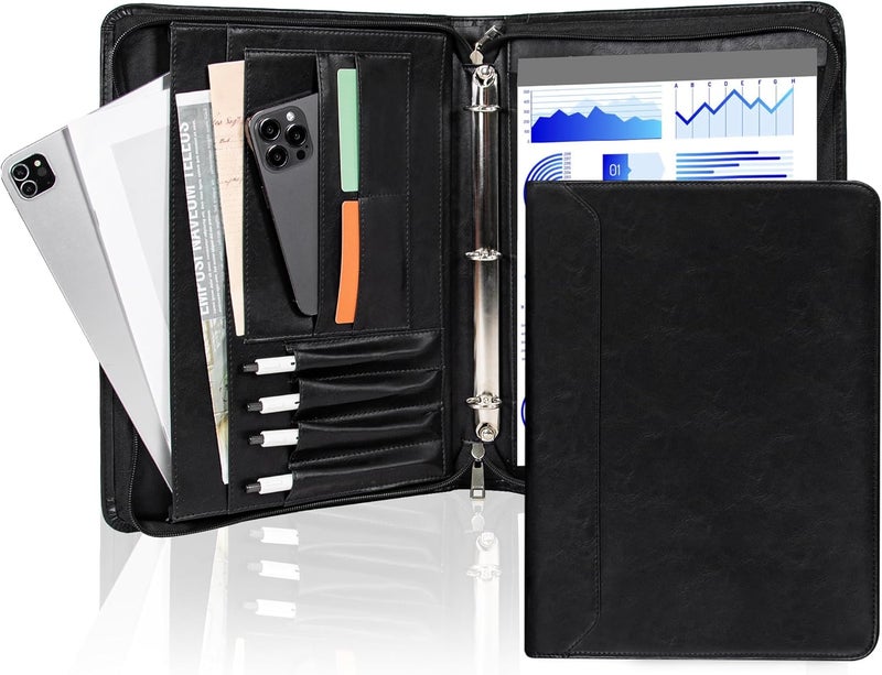 AZXCG Zipper Portfolio Padfolio Binder,3-Ring Padfolio for Women and Men,A4/Letter Size, PU Leather with iPad,Professional Organizer for Resume/Interview - Image 1